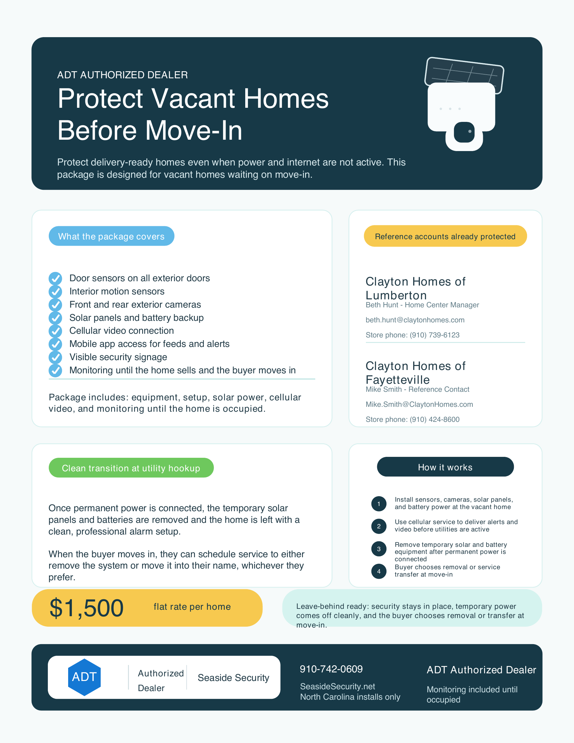 Protect vacant homes before move-in — full Seaside Security flyer